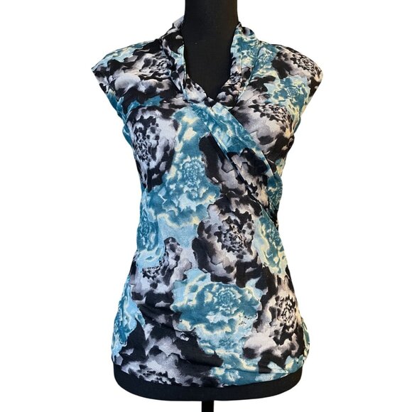 Y2K Silk Blend wrap V-neck top abstract floral print work classic cap sleeve - Picture 2 of 10